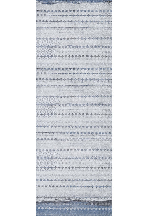 Load image 1 in gallery view. The Bohemian Reverie - Washable Rug (JR1974) features a rectangular design with horizontal rows of small diamonds and geometric patterns in blue and gray-anthracite on a light background—ideal for high-traffic spaces.