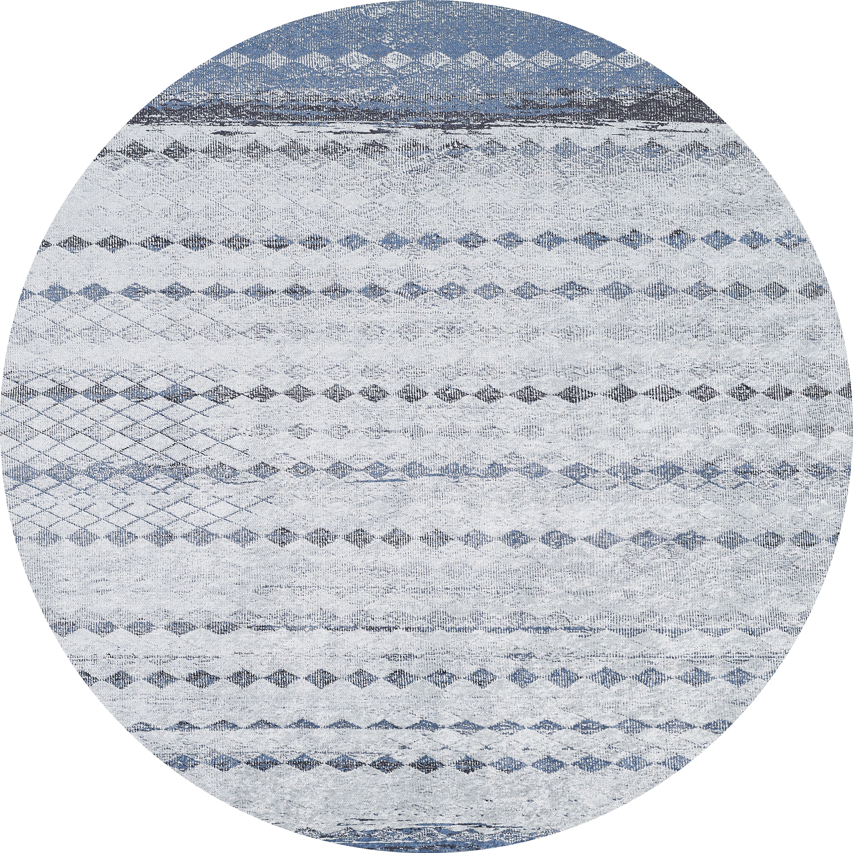 The Bohemian Reverie - Washable Rug - JR1974 features a circular shape with horizontal stripes and diamond patterns in blue and gray on white. This geometric, modern rug is ideal for high-traffic areas and easy to clean.