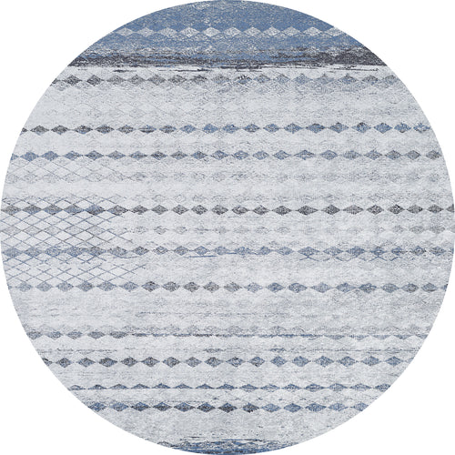 Load image 1 in gallery view. The Bohemian Reverie - Washable Rug - JR1974 features a circular shape with horizontal stripes and diamond patterns in blue and gray on white. This geometric, modern rug is ideal for high-traffic areas and easy to clean.