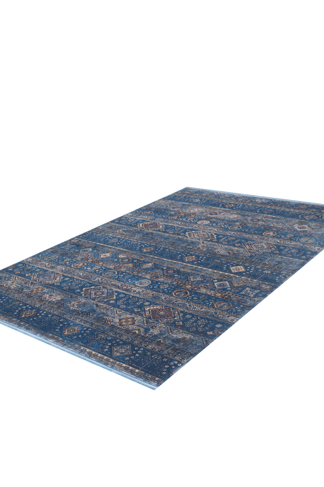 The Bohemian Tracery Rug - Blue - 2221B is a rectangular luxury rug with a rich blue background and intricate geometric and floral patterns in brown, beige, and ivory, shown against a white background.