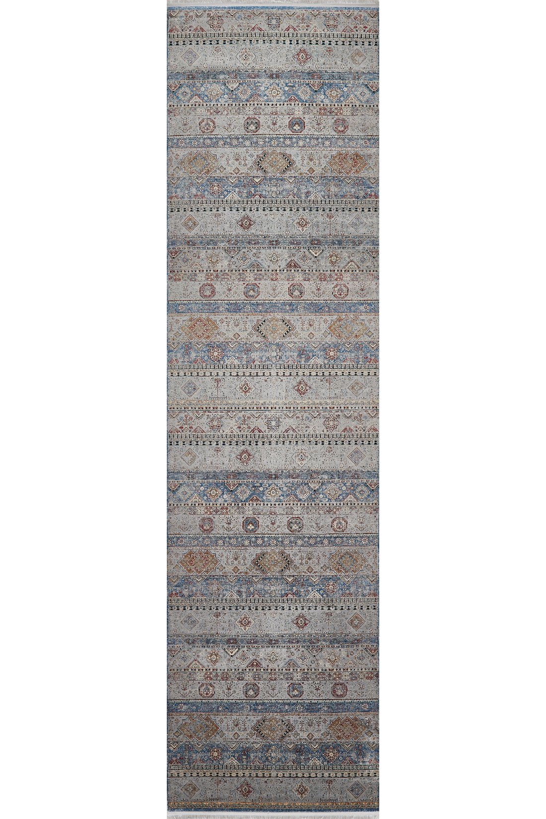 The Bohemian Tracery Rug - Grey - 2221C is a rectangular machine-made runner with intricate geometric and floral patterns in horizontal blue, gray, beige, and rust stripes.