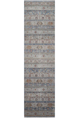 The Bohemian Tracery Rug - Grey - 2221C is a rectangular machine-made runner with intricate geometric and floral patterns in horizontal blue, gray, beige, and rust stripes.