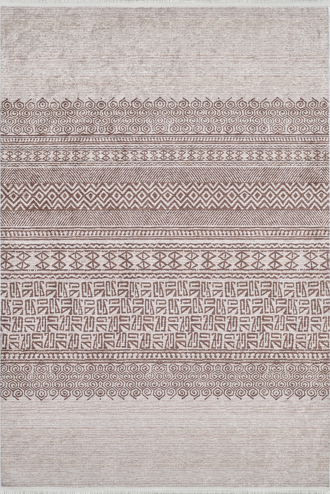 The Bohemian Treasure - Washable Rug - JR1586 (Custom Size) features beige and brown geometric, tribal patterns with swirls, zigzags, and diamonds. Its rectangular, washable design is perfect for high-traffic areas and adds textured style to any space.