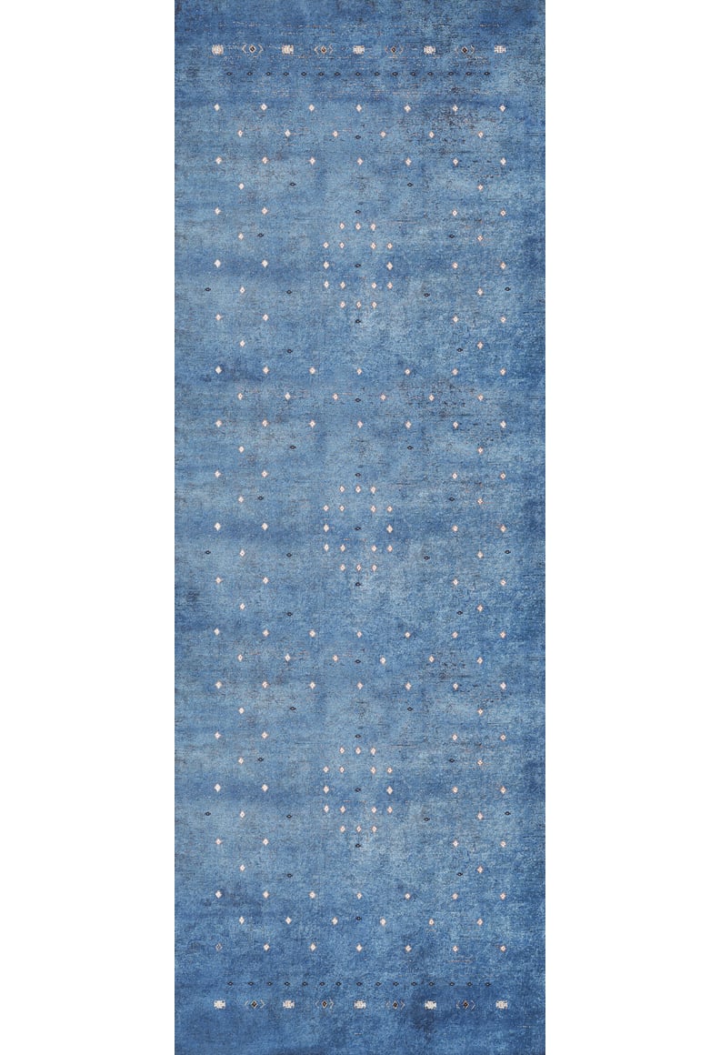 The Bohemian Whirlwind - Washable Rug - JR1989 (Outlet) US is a rectangular blue flat weave rug with a subtle gradient and rows of small white and light pink dots in geometric patterns.