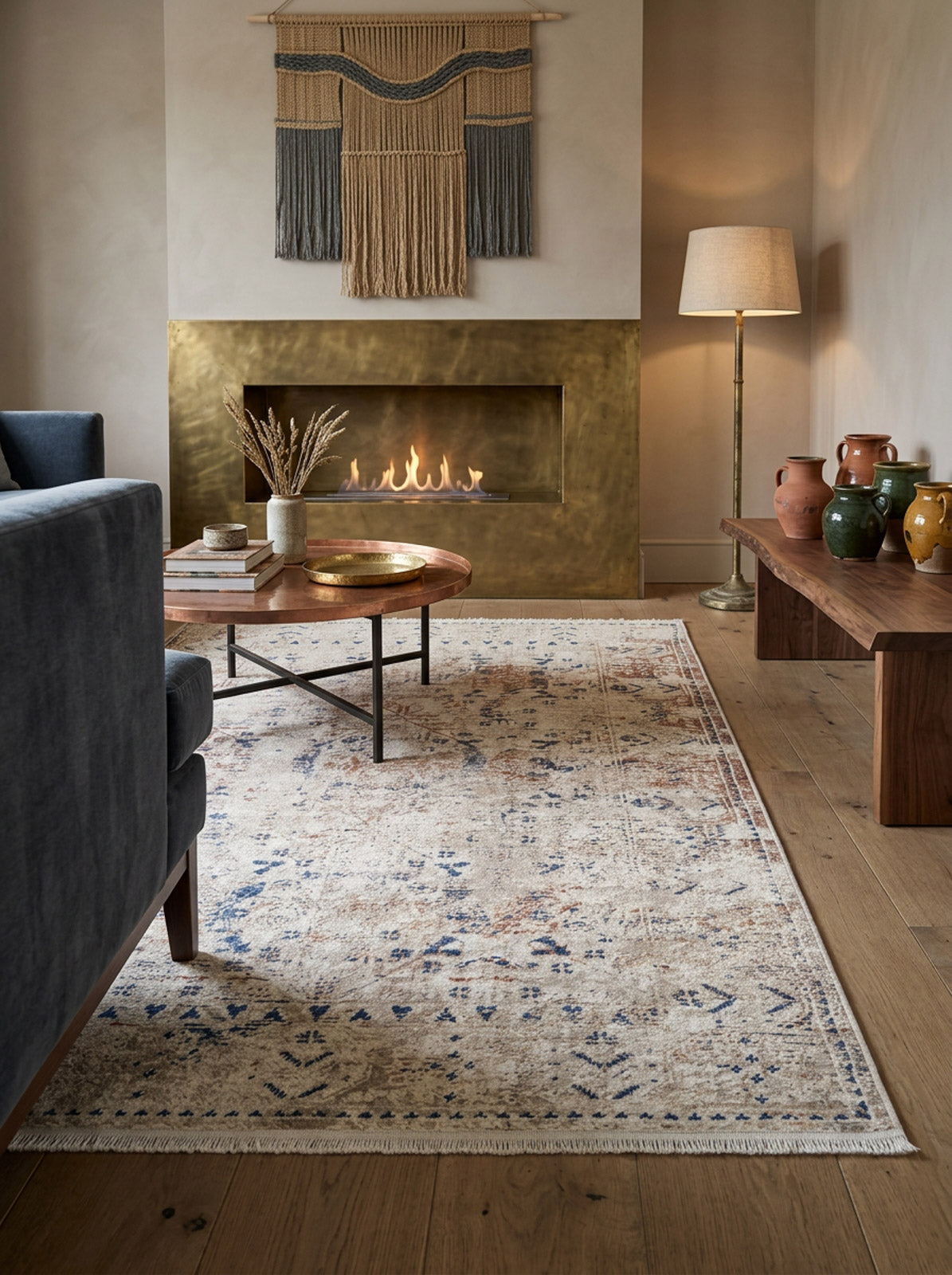 A cozy living room with a brass fireplace, modern gray sofa, wooden coffee table, and the Boho Babe - Washable Rug - JR1664—ideal for high-traffic areas—plus a floor lamp, vases on a wooden bench, and woven wall art above the fireplace.