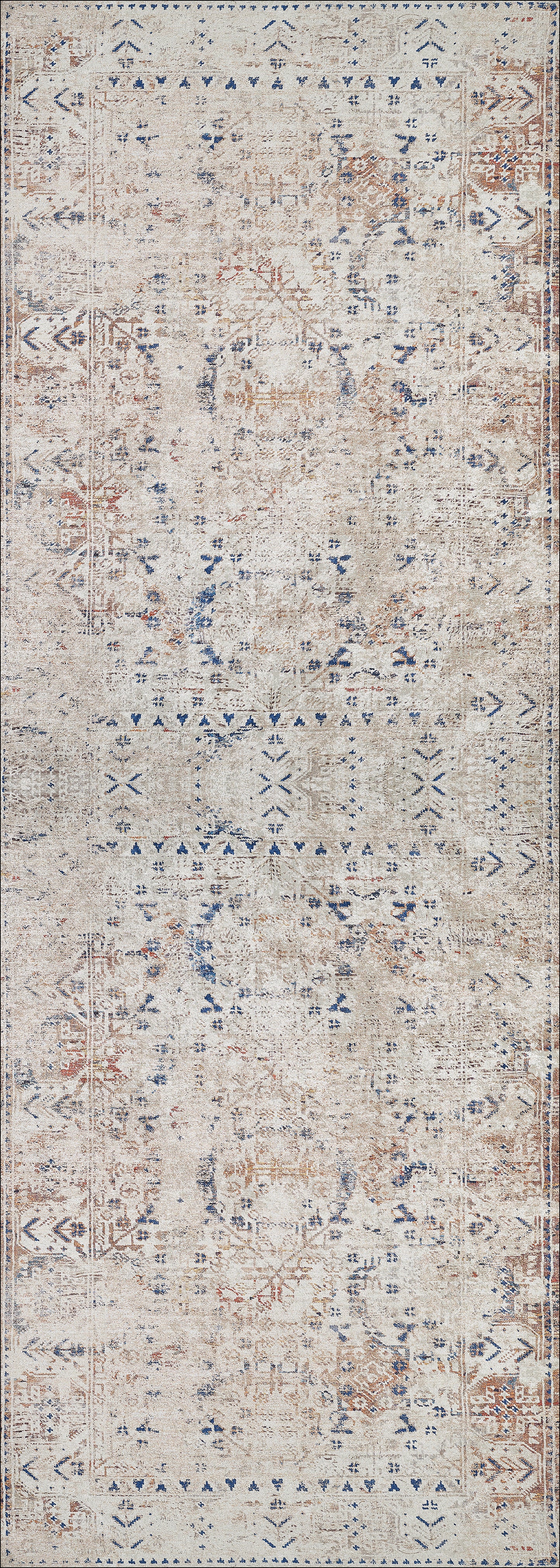 The Boho Babe - Washable Rug - JR1664 is a rectangular flat weave rug featuring a distressed vintage pattern in beige, gray, blue, and rust. Faded geometric and ornamental motifs add antique charm for lovers of cream and beige rugs.