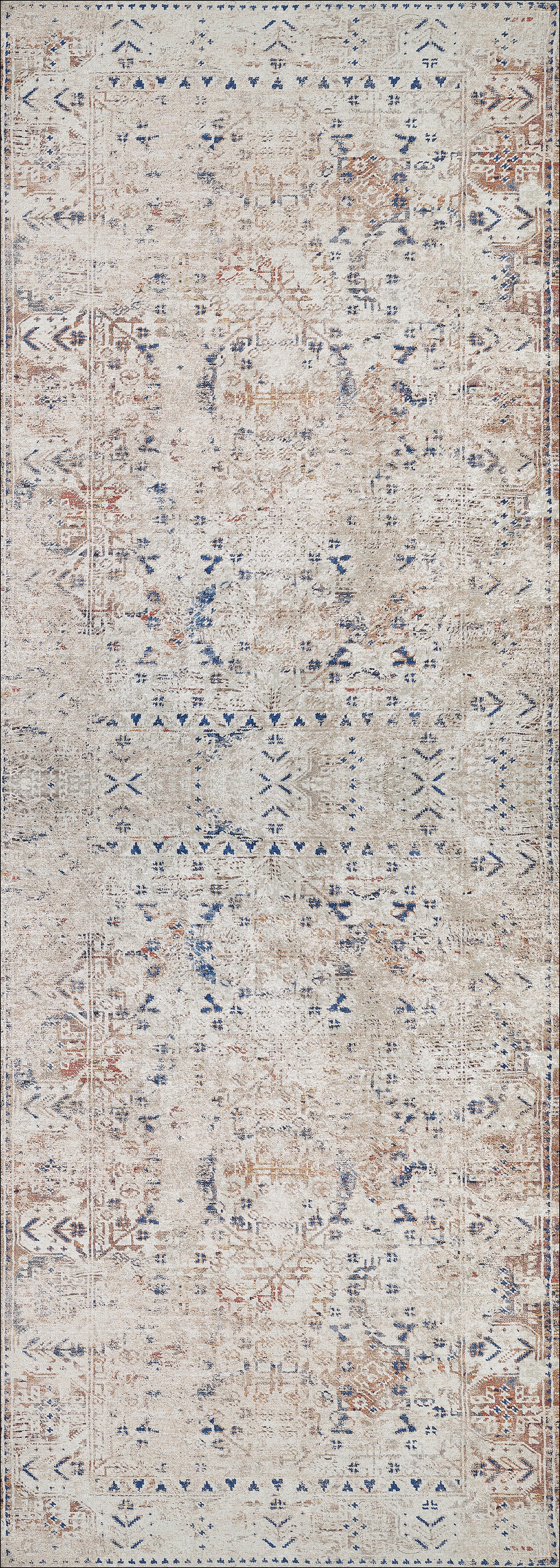 The Boho Babe - Washable Rug - JR1664 is a rectangular flat weave rug featuring a distressed vintage pattern in beige, gray, blue, and rust. Faded geometric and ornamental motifs add antique charm for lovers of cream and beige rugs.