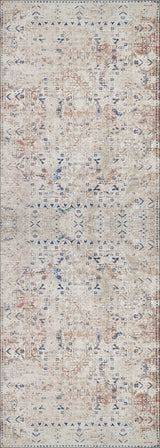 The Boho Babe - Washable Rug - JR1664 is a rectangular flat weave rug featuring a distressed vintage pattern in beige, gray, blue, and rust. Faded geometric and ornamental motifs add antique charm for lovers of cream and beige rugs.