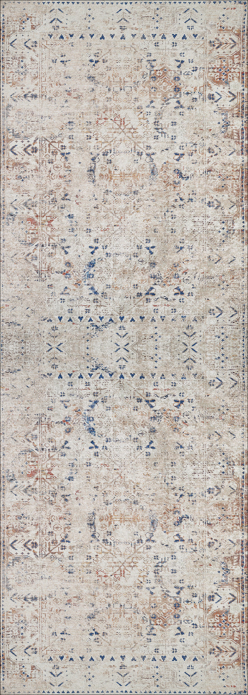 Load image 1 in gallery view. The Boho Babe - Washable Rug - JR1664 is a rectangular flat weave rug featuring a distressed vintage pattern in beige, gray, blue, and rust. Faded geometric and ornamental motifs add antique charm for lovers of cream and beige rugs.