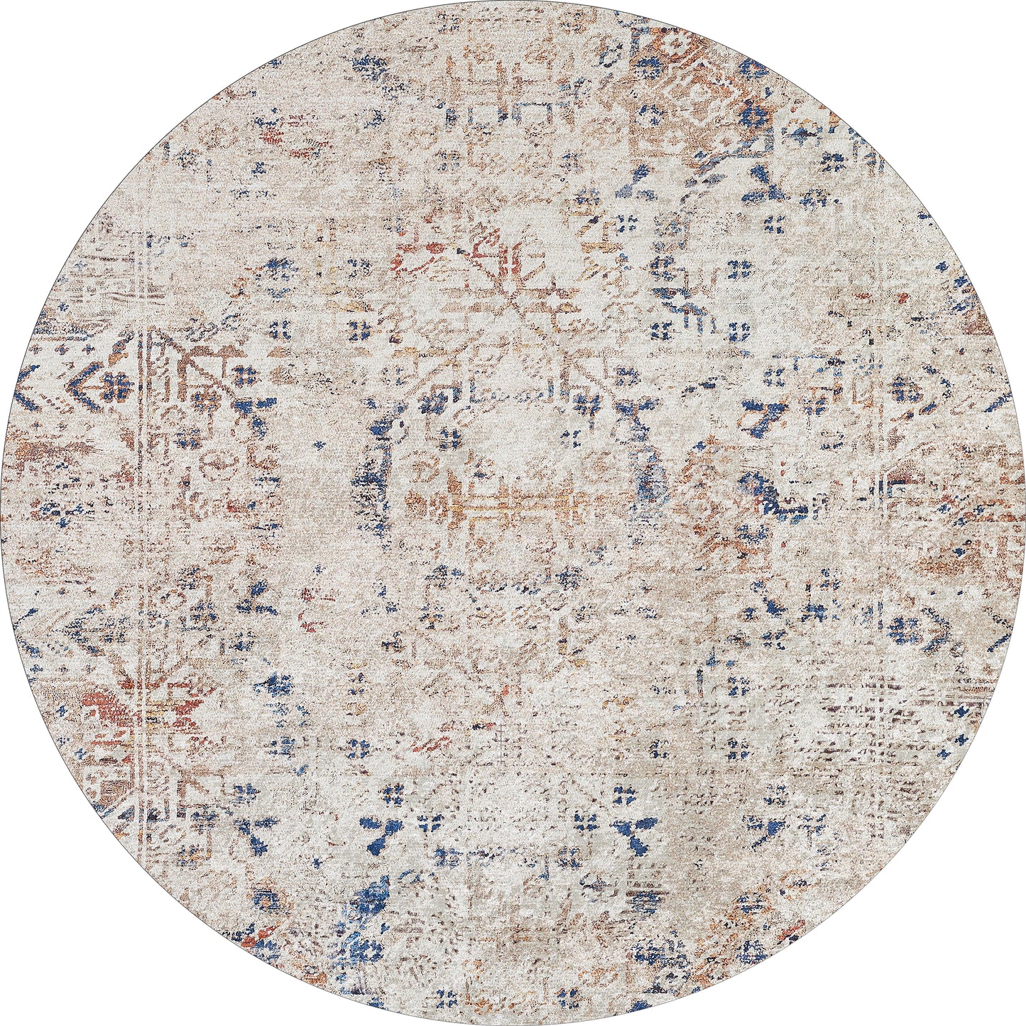 The Boho Babe - Washable Rug - JR1664 features a round, flat weave design with a distressed, vintage-inspired pattern in beige, cream, and blue. Subtle floral and geometric motifs add an aged, antique look to this washable rug.
