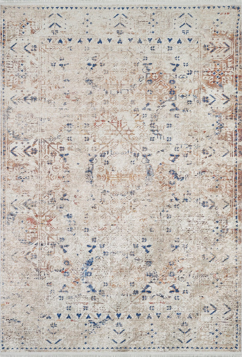 Load image 1 in gallery view. The Boho Babe - Washable Rug - JR1664 (Custom Size) features a distressed vintage pattern in faded beige, blue, and rust with subtle geometric and floral motifs—perfect for high-traffic areas.