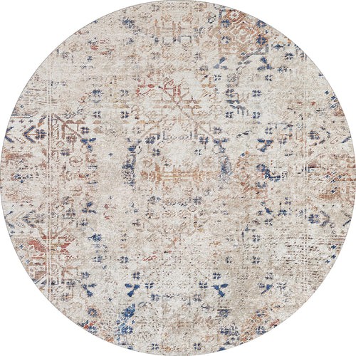 Load image 1 in gallery view. The Boho Babe - Washable Rug - JR1664 (Custom Size) features a distressed, vintage-inspired round design in beige, brown, and blue. Its washable material is perfect for high-traffic spaces and complements any cream and beige rug collection.