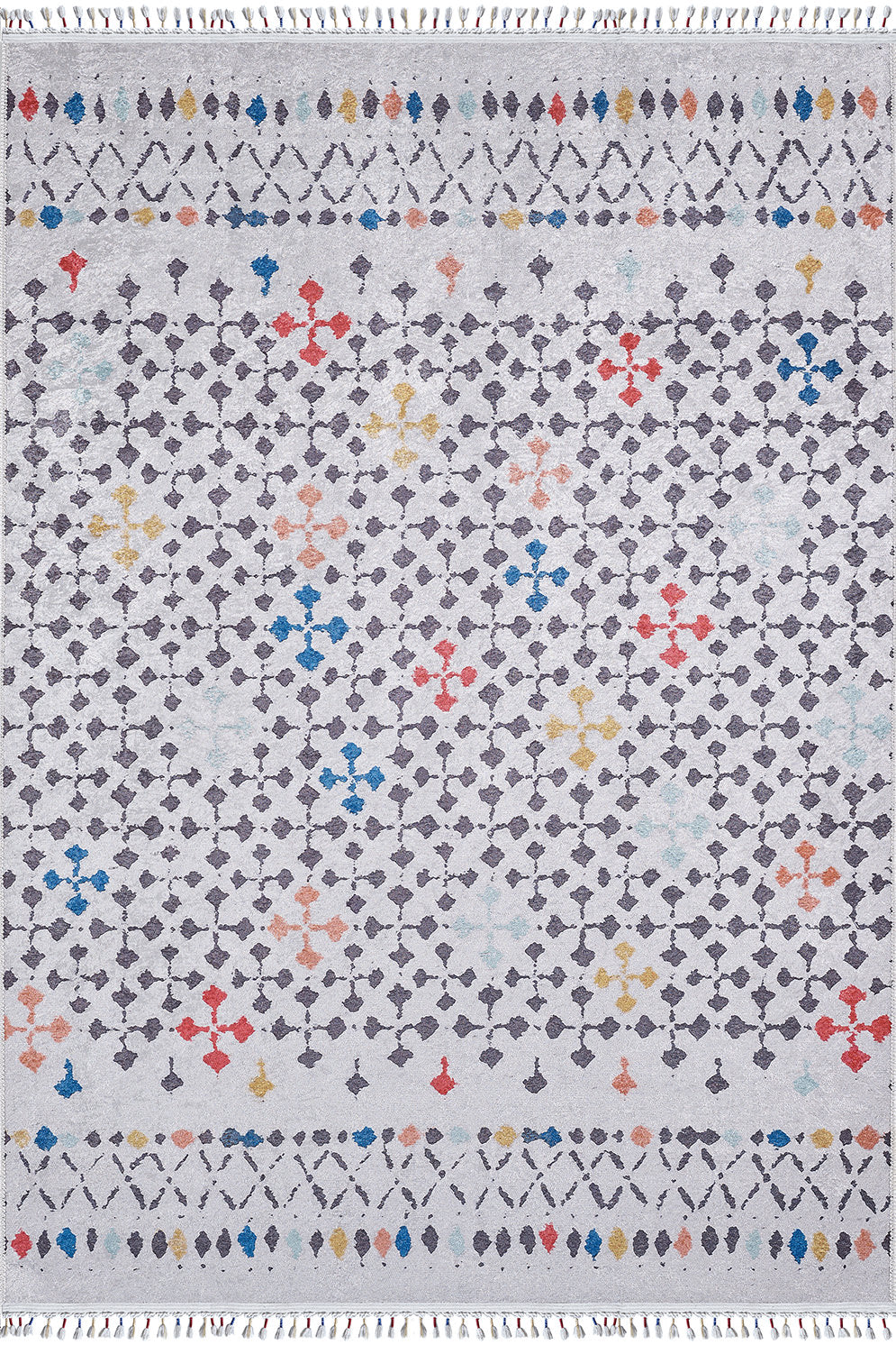 The Boho Breeze JR5011 is a rectangular, machine-washable rug with a gray geometric pattern, red, blue, and yellow accents, and fringed short edges—ideal as a stylish accent for high-traffic areas.