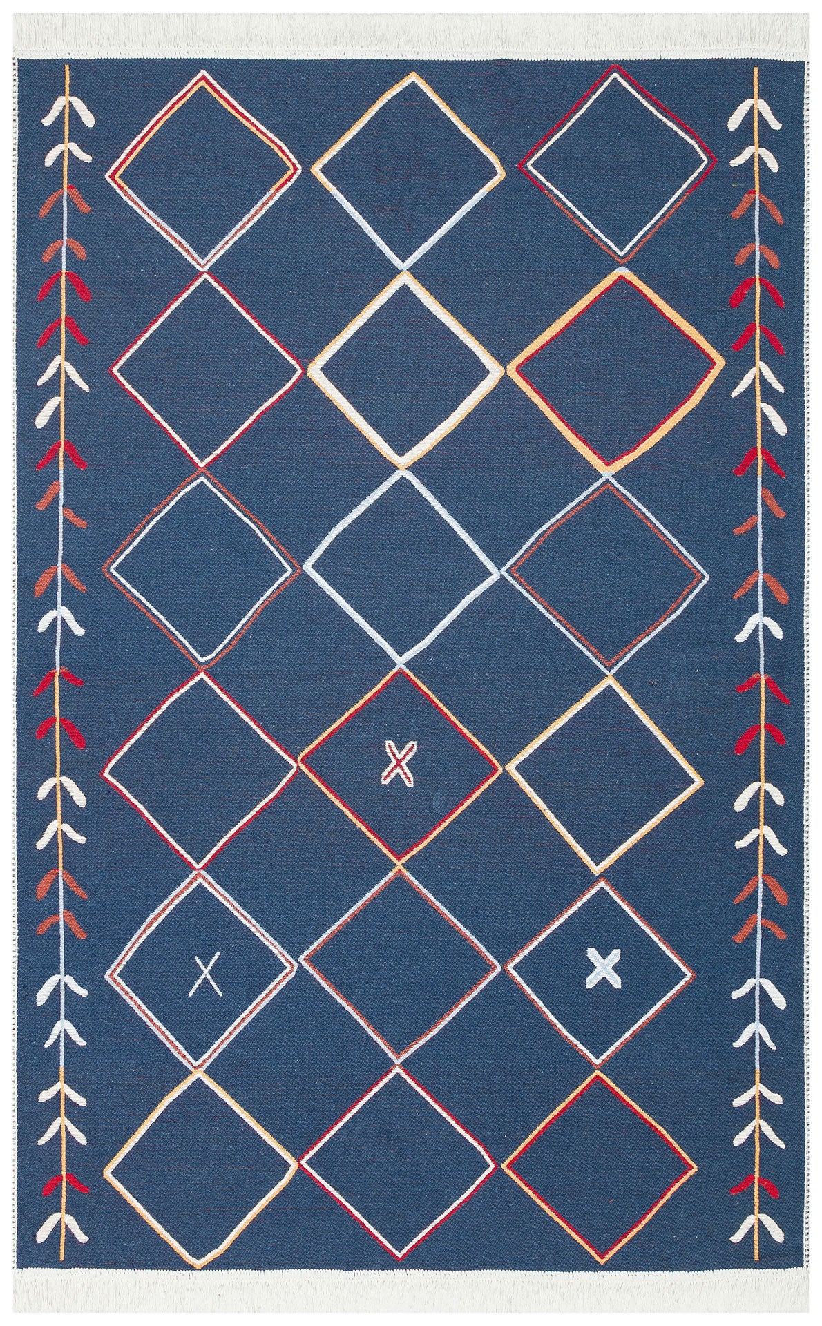 The Boho Charm AR21 is a washable, double-sided kilim rug in blue with multicolored diamond outlines, X motifs, and simple red, white, and yellow leaf-shaped borders along the sides.