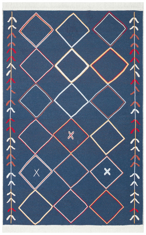 Load image 1 in gallery view. The Boho Charm - Washable Reversible Kilims - AR21 features blue geometric patterns with interlocking diamonds outlined in red, white, and yellow, arrow-like edge details, and X-shaped diamond markings. This flatwoven kilim is easy to care for and stylish.