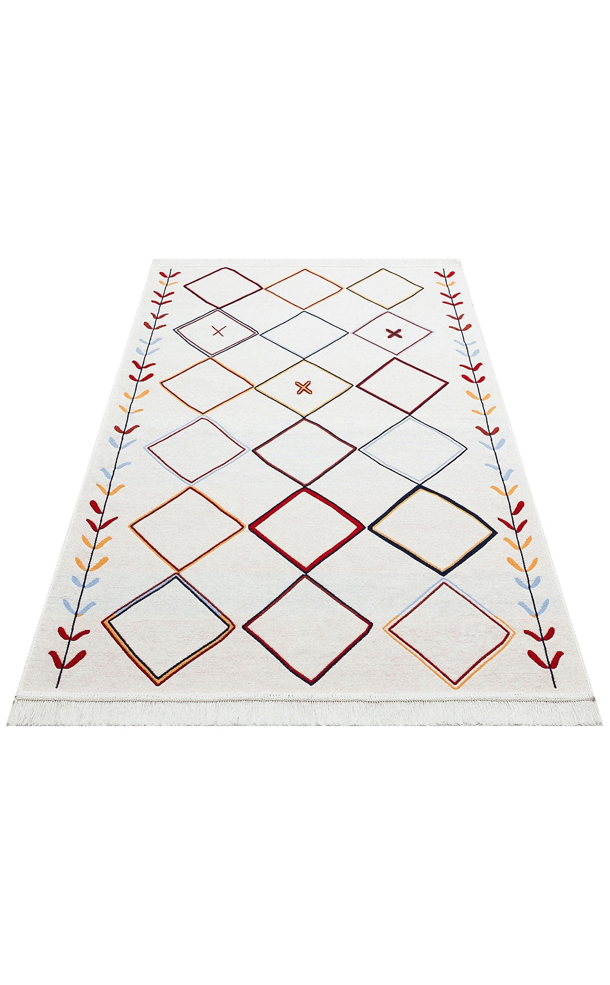 The Boho Charm - Washable Double-Sided Kilims - AR21 is a white, reversible rug with geometric diamond motifs in red, yellow, blue, and black, plus branch-like edge designs for a chic touch of boho kilim style.