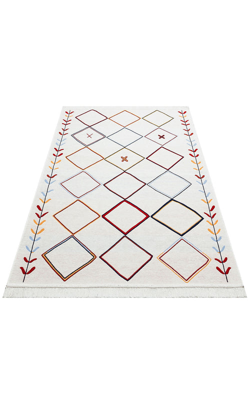 Load image 1 in gallery view. The Boho Charm - Washable Reversible Kilims - AR21 is a rectangular white rug with outlined colorful diamonds and two rows of simple leaf designs along the longer edges.