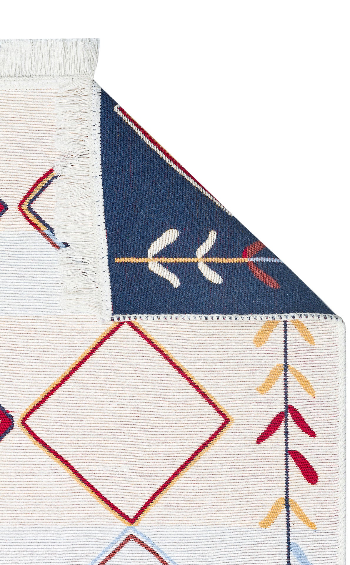 A close-up of the Boho Charm - Washable Reversible Kilims - AR21 shows geometric diamonds and leaf motifs in red, yellow, and blue on a cream background, plus fringe along the edge.