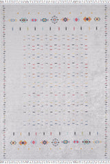 The Boho Chic - Washable Rug - JR5103 (Custom Size) features a rectangular, light gray flat weave with colorful geometric rows, larger edge motifs, and fringed borders—perfect for high-traffic spaces.