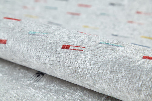 Load image 1 in gallery view. A close-up of silver-gray wallpaper with red, teal, yellow, and black rectangles. Its reflective finish pairs perfectly with the Boho Chic - Washable Rug - JR5103 (Custom Size) for stylish high-traffic areas.