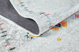A close-up of the Boho Chic - Washable Rug - JR5103 (Custom Size) in light gray with colorful geometric and arrow patterns, showing its dark, textured underside and sturdy stitching—perfect for high-traffic spaces.