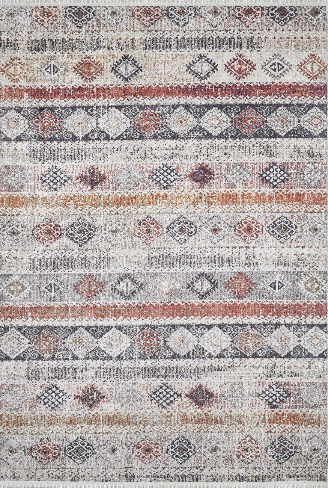 The Boho Oasis - Washable Rug - JR1618 (Custom Size) is a rectangular rug with a vintage, distressed design in muted gray, rust, beige, and white geometric patterns—durable and stylish for high-traffic areas.