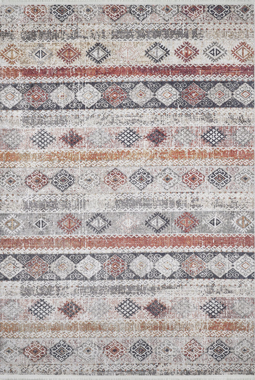 Load image 1 in gallery view. The Boho Oasis - Washable Rug - JR1618 (Custom Size) is a rectangular rug with a vintage, distressed design in muted gray, rust, beige, and white geometric patterns—durable and stylish for high-traffic areas.