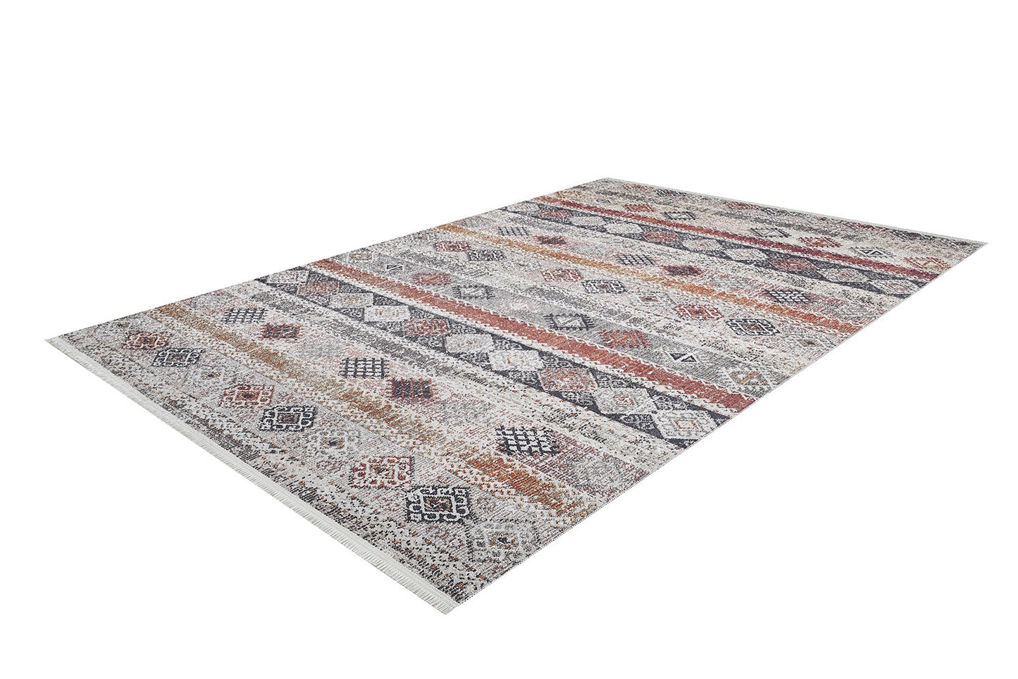 The Boho Oasis - Washable Rug - JR1618 (Custom Size) features a geometric and tribal-inspired pattern in gray, rust, beige, and black with intricate horizontal bands—ideal for high-traffic areas.