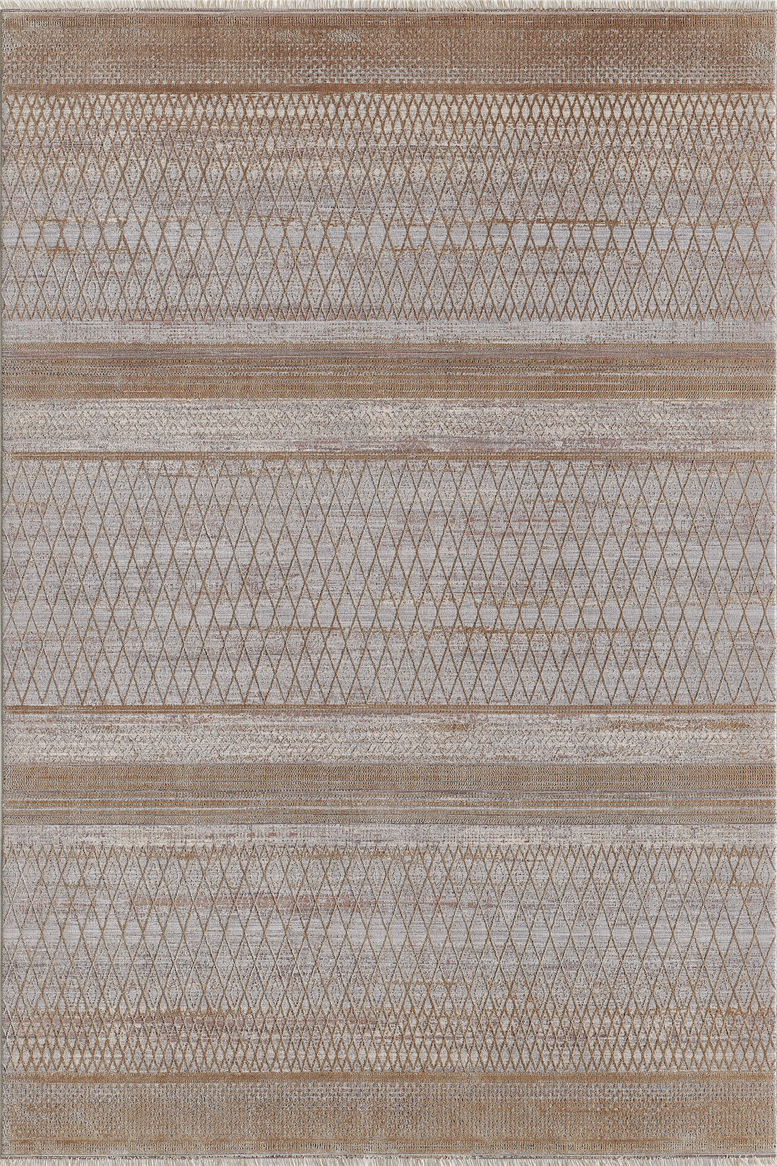 The Boho Sunset Trellis Rug - HRD004 is a modern rectangular area rug in beige and light brown, featuring horizontal rows of diamond and geometric patterns. This machine-made rug combines style and durability for any space.