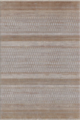 The Boho Sunset Trellis Rug - HRD004 is a modern rectangular area rug in beige and light brown, featuring horizontal rows of diamond and geometric patterns. This machine-made rug combines style and durability for any space.