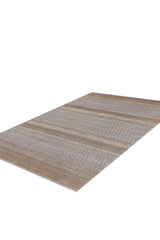 The Boho Sunset Trellis Rug - HRD004 is a modern, machine-made area rug in beige and light gray with subtle geometric and striped patterns. Its thin, contemporary profile lies flat and suits any room.