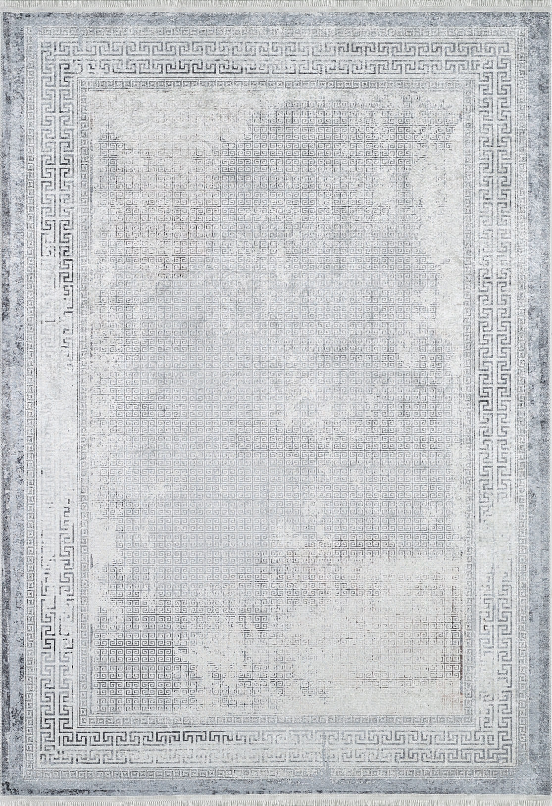 The Bold Borderline - Washable Rug - JR1984 (Custom Size) features a faded light gray and white geometric checkerboard center, a Greek key border, and is perfect for high-traffic areas thanks to its washable design.