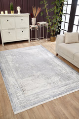 The Bold Borderline - Washable Rug - JR1984 (Custom Size) in light gray-anthracite complements wood floors and modern living rooms, pairing perfectly with white cabinets, plants, beige sofas, and is ideal for high-traffic spaces.