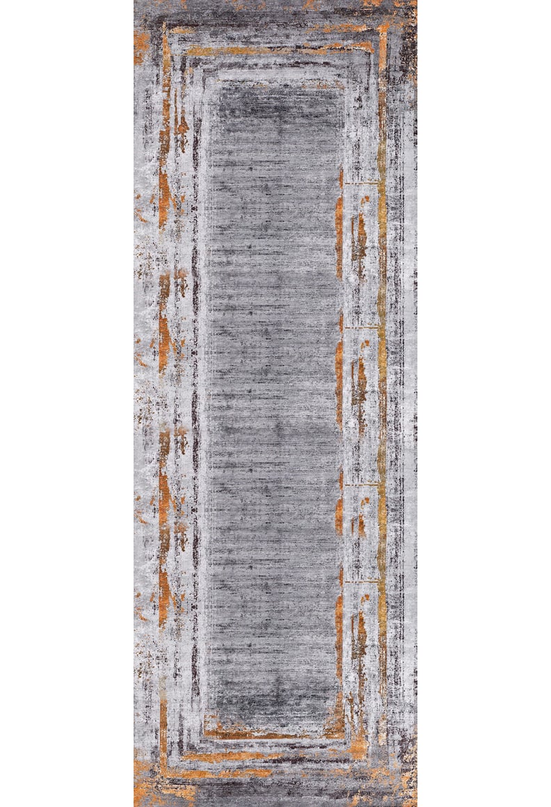 The Bold and Chic - Washable Rug - JR1198 features a rectangular flat weave with a distressed gray background and abstract geometric border patterns in orange, gold, and white—ideal for allergy-sensitive spaces thanks to its modern, textured look.