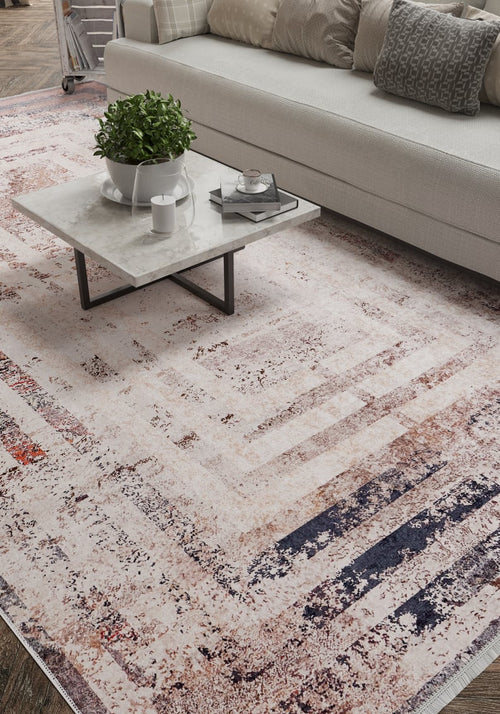 Load image 1 in gallery view. A modern living room features a light gray sofa, patterned cushions, and a marble coffee table on the Bold and Geometric - Washable Rug - JR1410 (Custom Size), perfect for high-traffic areas and complementing textured, geometric decor.
