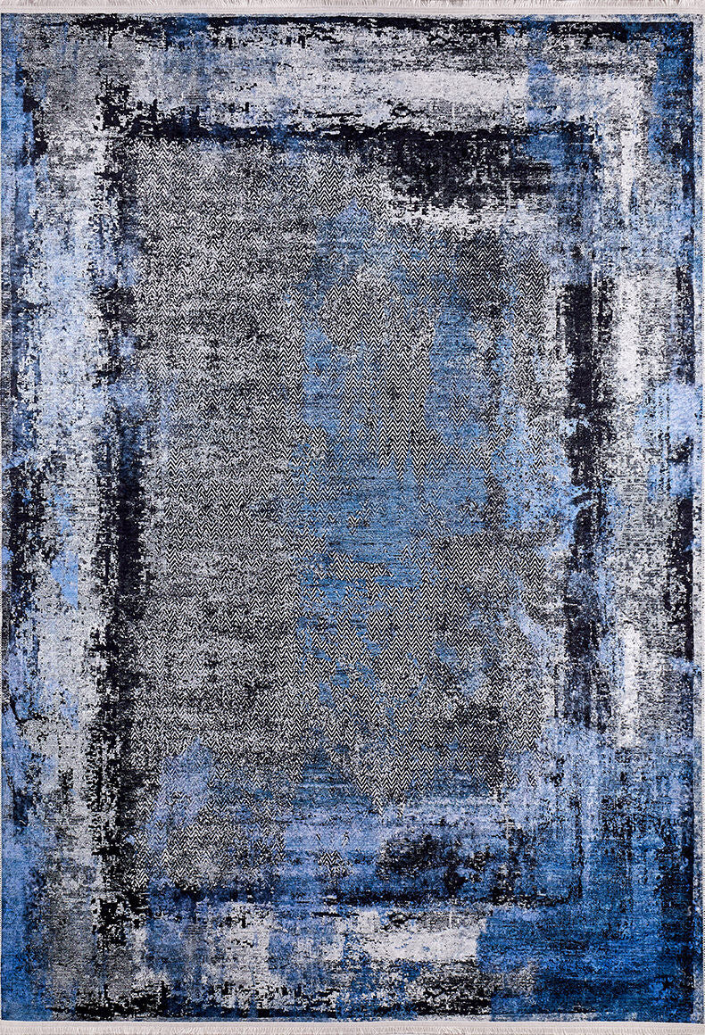 The Bold and Minimalist - Washable Rug - JR1229 (Custom Size) features a layered blue, black, white, and gray abstract distressed design with a modern border—ideal for high-traffic areas and easy to clean.