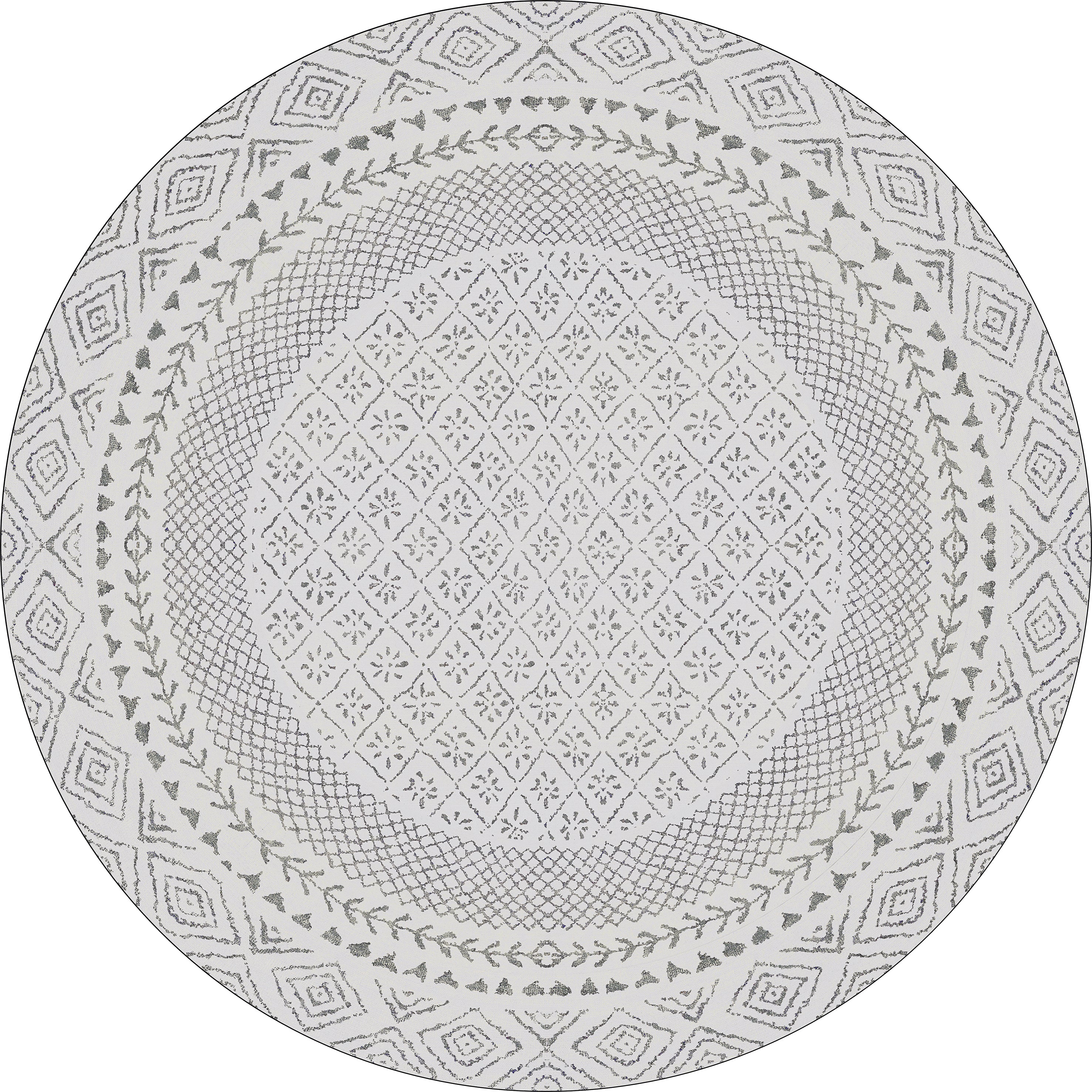 The Borderline Brilliance - Washable Rug - JR1987 is a round, gray and white rug with geometric and floral patterns in concentric rings—stylish, durable, and perfect for high-traffic areas.