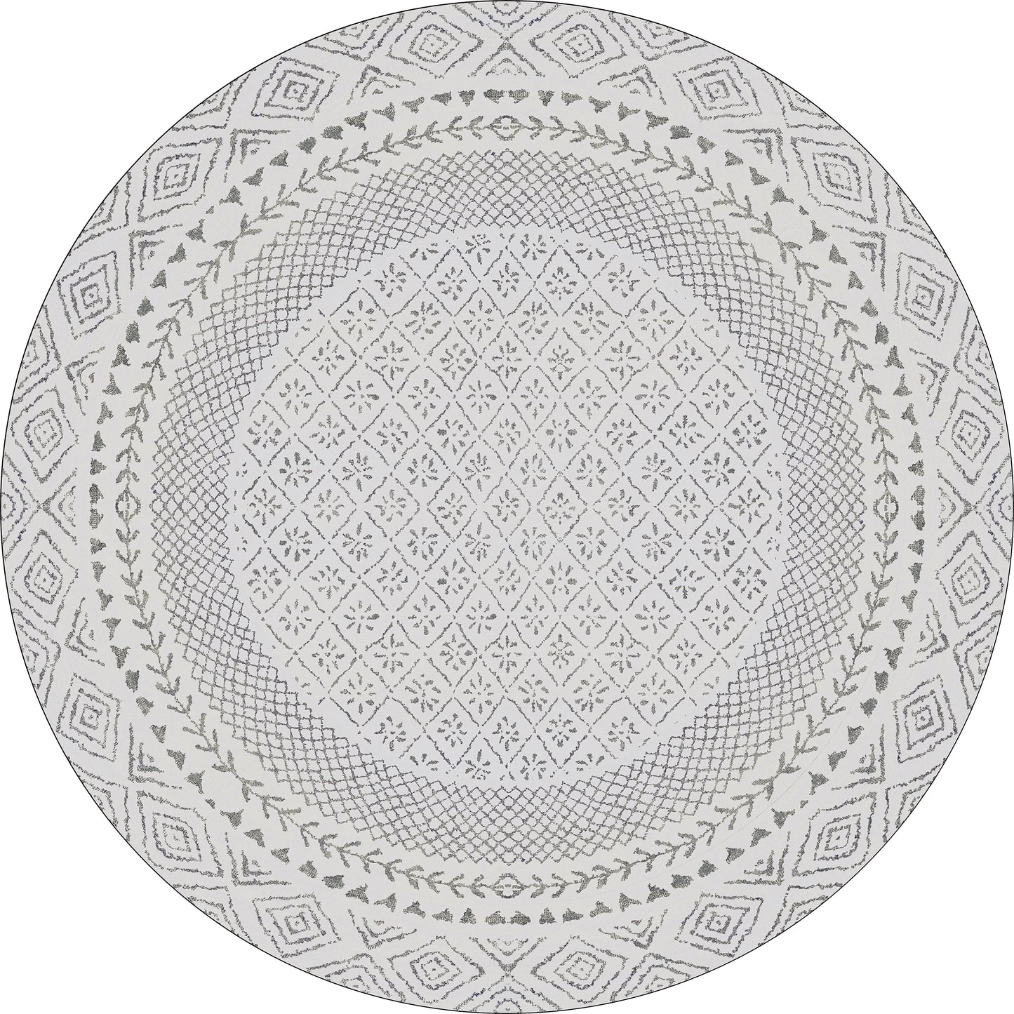 The Borderline Brilliance - Washable Rug - JR1987 is a round, gray and white rug with geometric and floral patterns in concentric rings—stylish, durable, and perfect for high-traffic areas.