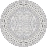 The Borderline Brilliance - Washable Rug - JR1987 is a round, gray and white rug with geometric and floral patterns in concentric rings—stylish, durable, and perfect for high-traffic areas.