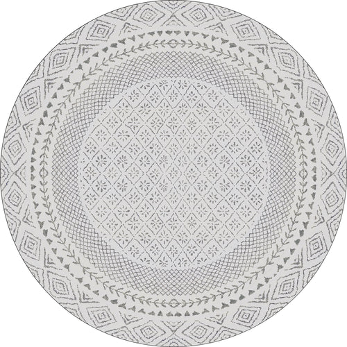 Load image 1 in gallery view. The Borderline Brilliance - Washable Rug - JR1987 is a round, gray and white rug with geometric and floral patterns in concentric rings—stylish, durable, and perfect for high-traffic areas.