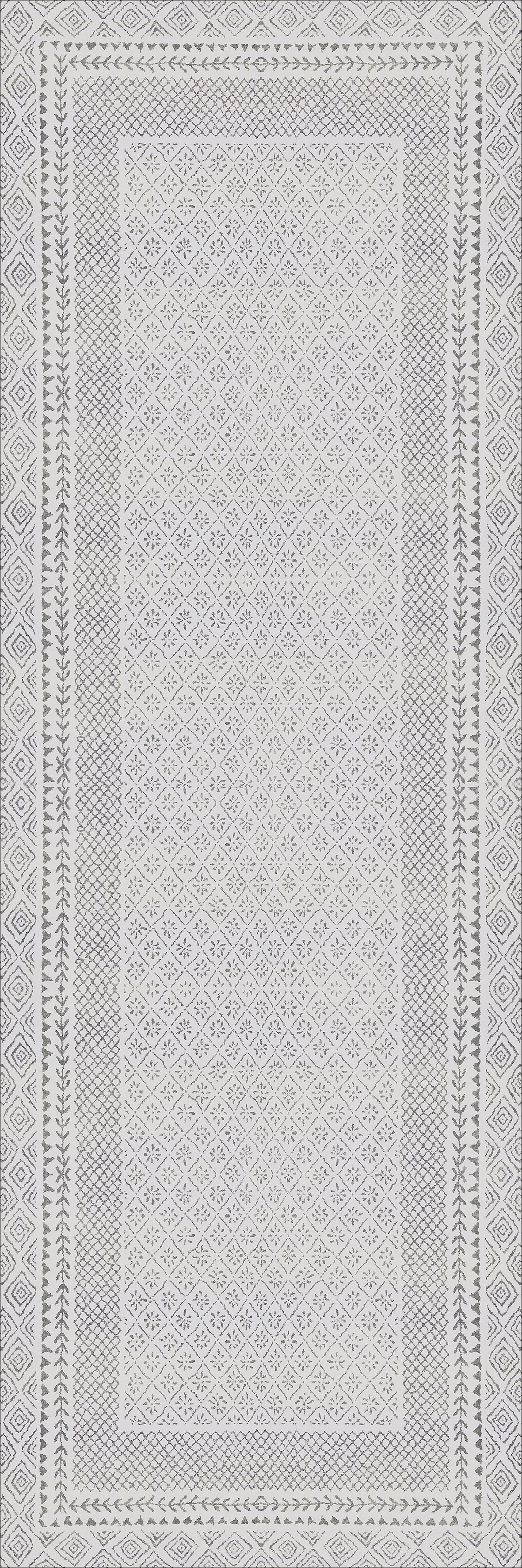The Borderline Brilliance - Washable Rug - JR1987 is a rectangular, finely textured rug in light gray and white with an intricate geometric pattern and a detailed diamond and leaf border—ideal for high-traffic areas.
