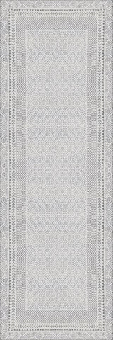 The Borderline Brilliance - Washable Rug - JR1987 is a rectangular, finely textured rug in light gray and white with an intricate geometric pattern and a detailed diamond and leaf border—ideal for high-traffic areas.