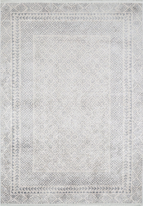 Bild 1 in Galerieansicht laden. The Borderline Brilliance - Washable Rug - JR1987 (Custom Size) features a light-colored geometric diamond and floral pattern with a detailed border in white, gray, and light blue—ideal for high-traffic areas.
