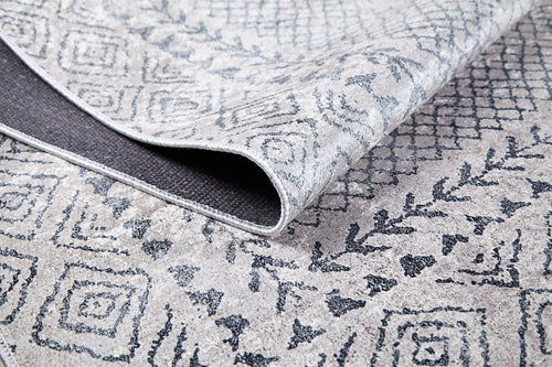 Bild 1 in Galerieansicht laden. A close-up of the Borderline Brilliance - Washable Rug - JR1987 (Custom Size) in gray-anthracite, featuring geometric and diamond patterns with a dark backing—perfect for high-traffic areas.