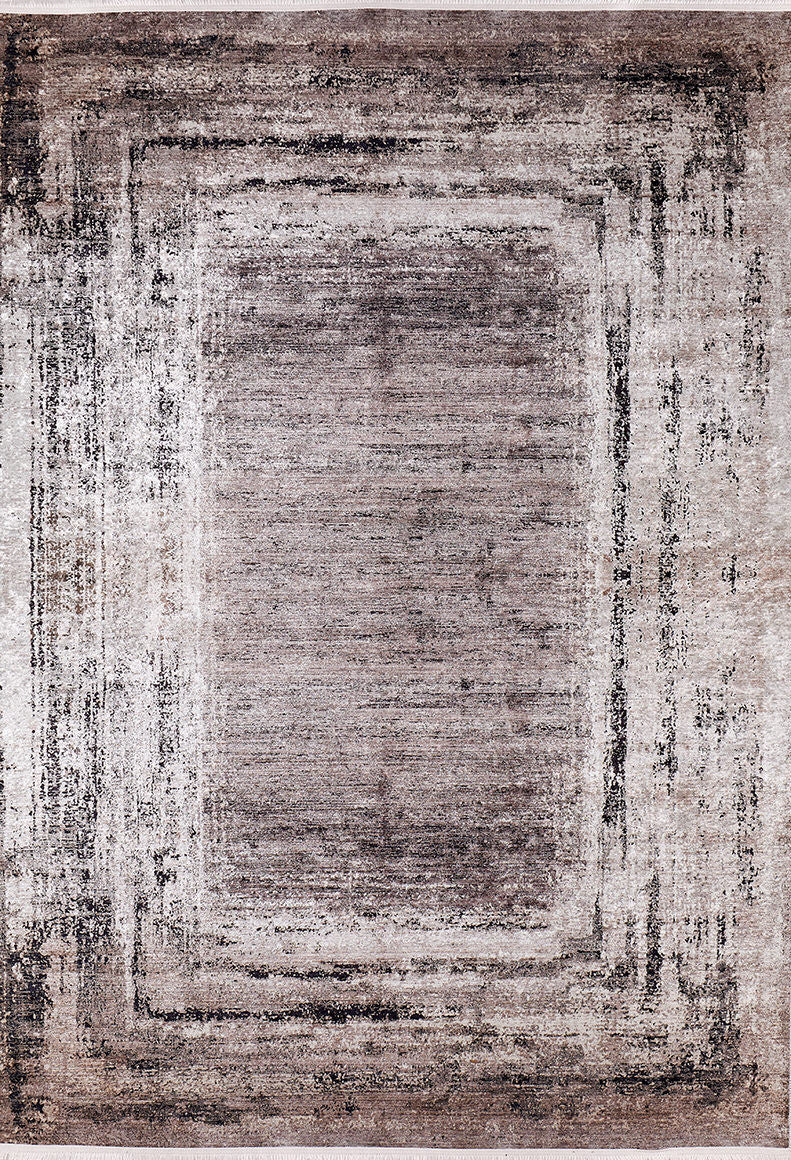 The Borderline Chic - Washable Rug - JR1156 (Custom Size) features a distressed geometric pattern in gray, beige, bronze, and brown tones for a soft vintage look—ideal for allergy-sensitive homes.