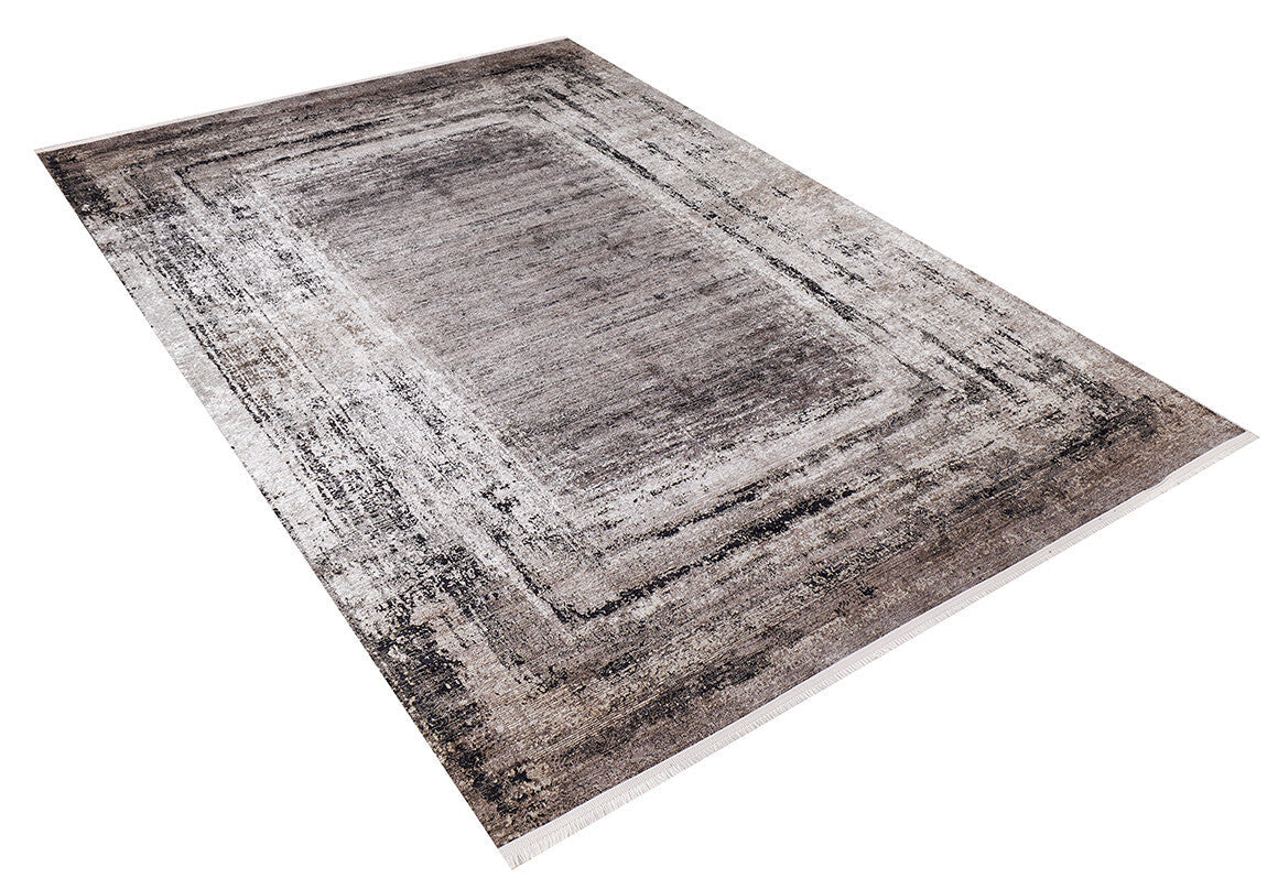 The Borderline Chic - Washable Rug - JR1156 (Custom Size) features a distressed gray, beige, bronze, and brown pattern with a subtle border—stylish, rectangular, hypoallergenic, and perfect for easy-care homes.