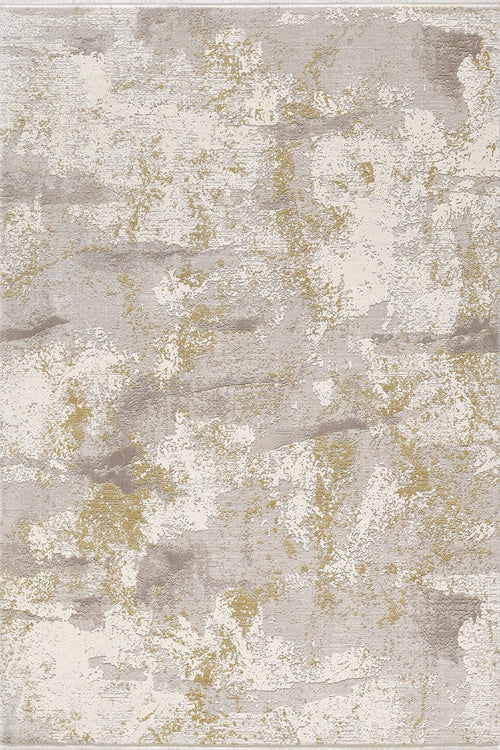 Load image 1 in gallery view. The Bright Swirls Contemporary Rug - M657F features a distressed pattern in beige, cream, gray, and gold for a modern, textured look. This machine-made rug brings artistic flair to any space.