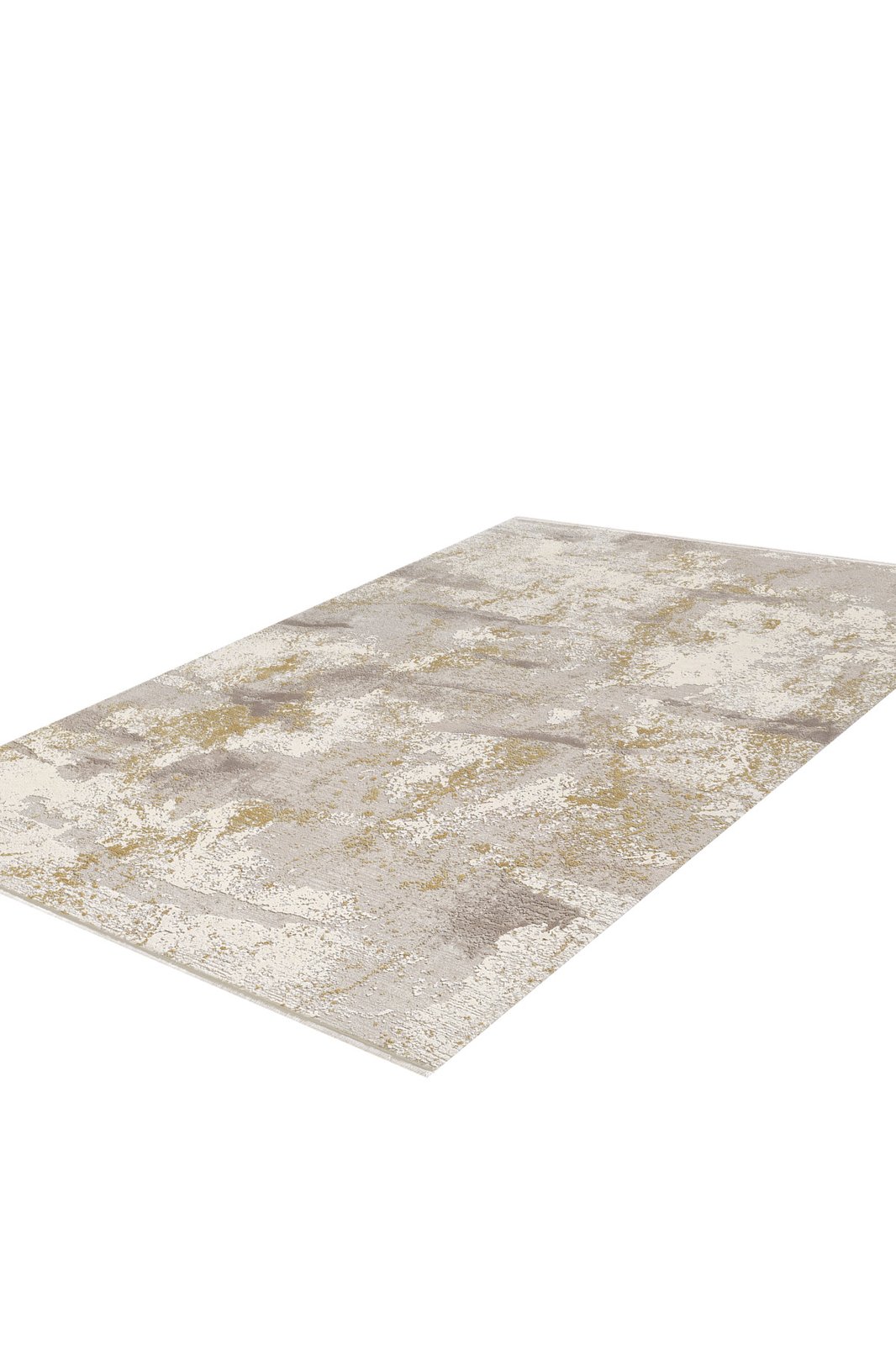 The Bright Swirls Contemporary Rug - M657F showcases an abstract beige, gray, and gold pattern with a textured design and subtle metallic sheen. This machine-made rug is displayed on a white background.