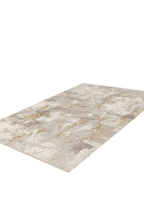 Load image 1 in gallery view. The Bright Swirls Contemporary Rug - M657F showcases an abstract beige, gray, and gold pattern with a textured design and subtle metallic sheen. This machine-made rug is displayed on a white background.