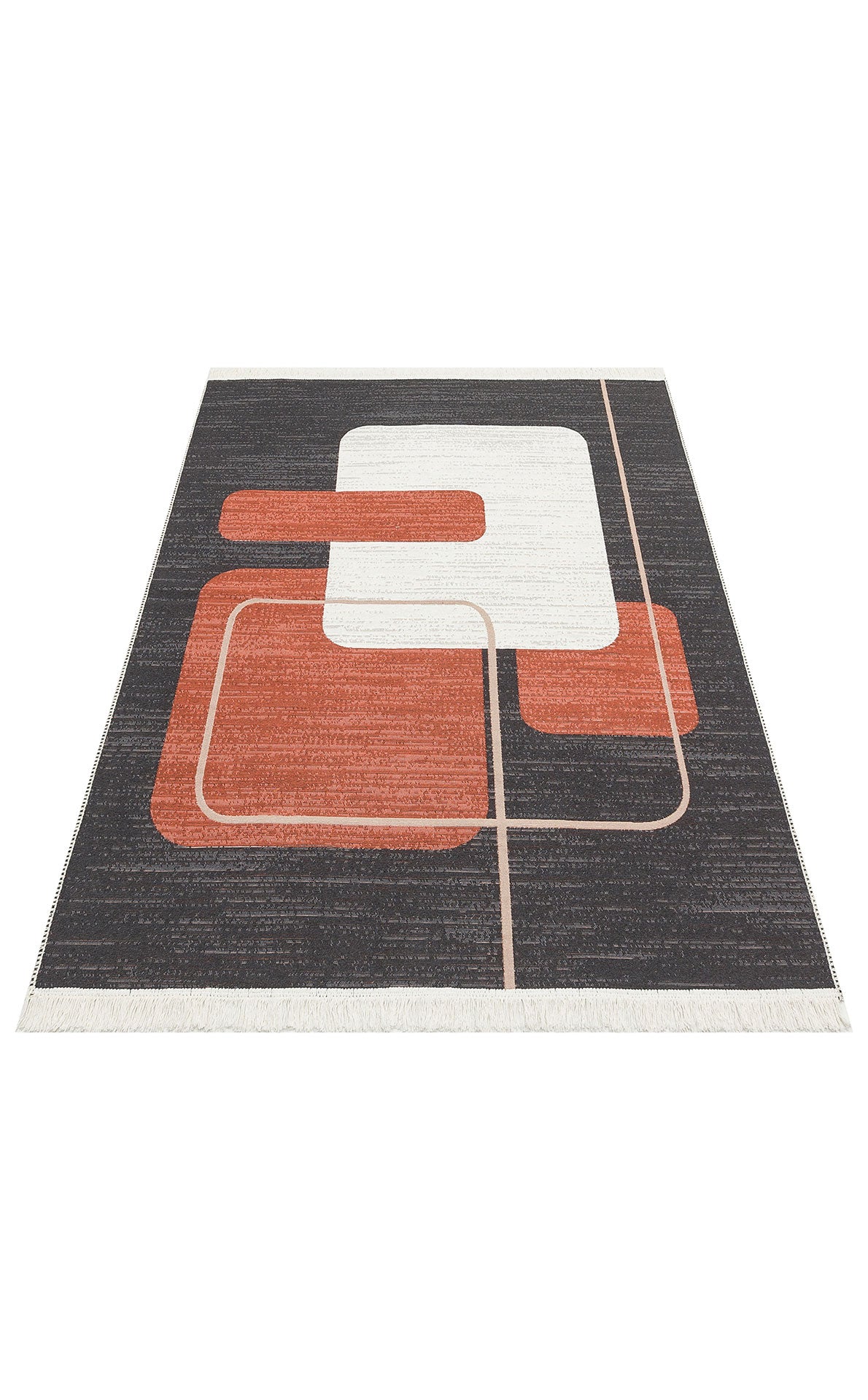The Burnt Stone - Washable Reversible Kilims - AR36 is a modern geometric flatwoven rug with a dark base, overlapping white, orange, and brown shapes, thin intersecting lines, rectangular shape, and white fringe on the short edges.